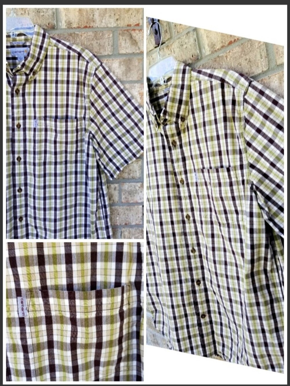 Carhartt Relaxed Fit Button Shirt (Men LARGE) Green Brown Tan Plaid Short Sleeve